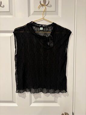 Second Skin Overalls Black Sheer Lace Tie-Neck Sleeveless Blouse